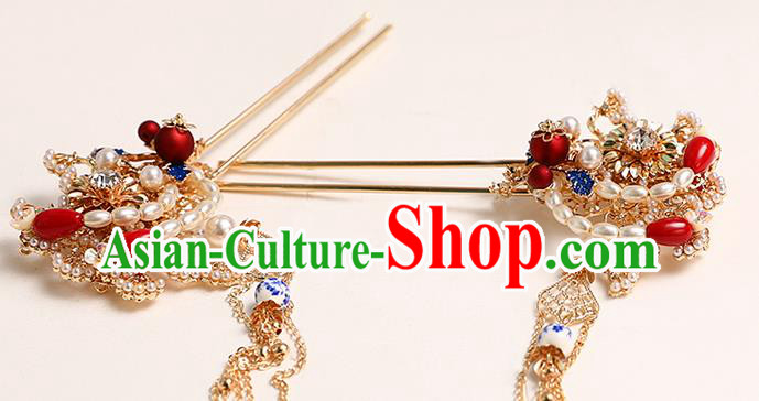 Handmade Chinese Classical Tassel Pearls Hair Clip Traditional Hair Accessories Ancient Hanfu Golden Hairpins for Women