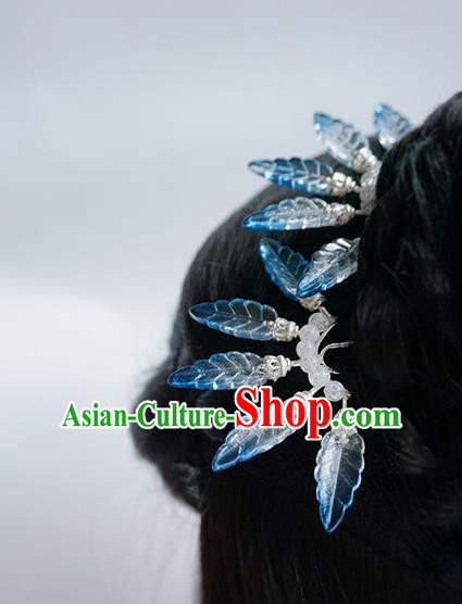 Handmade Chinese Blue Leaf Hair Clip Traditional Hair Accessories Ancient Hanfu Classical Argent Hairpins for Women
