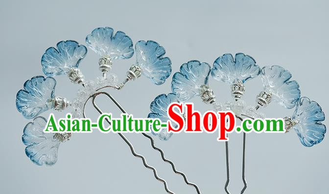 Handmade Chinese Blue Ginkgo Leaf Hair Clip Traditional Hair Accessories Ancient Hanfu Classical Argent Hairpins for Women