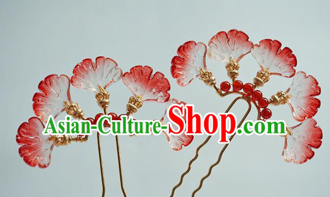 Handmade Chinese Red Ginkgo Leaf Hair Clip Traditional Hair Accessories Ancient Hanfu Classical Argent Hairpins for Women