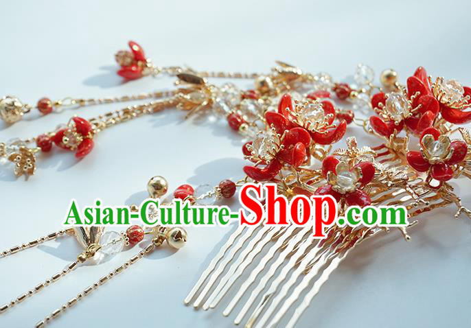 Handmade Chinese Red Plum Hair Combs Traditional Hair Accessories Ancient Hanfu Classical Golden Tassel Hairpins for Women