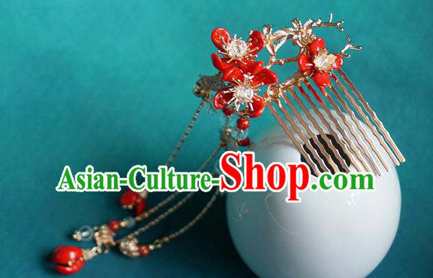 Handmade Chinese Red Plum Hair Combs Traditional Hair Accessories Ancient Hanfu Classical Golden Tassel Hairpins for Women