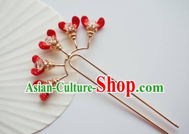 Handmade Chinese Red Flowers Hair Clip Traditional Hair Accessories Ancient Hanfu Classical Golden Hairpins for Women