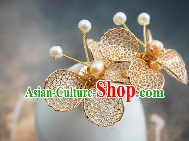 Handmade Chinese Pearl Hair Clip Traditional Hair Accessories Ancient Hanfu Classical Golden Butterfly Hairpins for Women