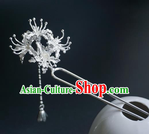 Handmade Chinese Argent Manjusaka Hair Clip Traditional Hair Accessories Ancient Hanfu Classical Tassel Hairpins for Women