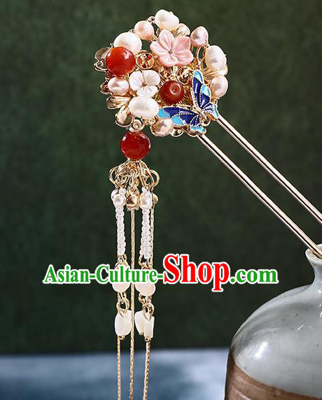 Handmade Chinese Classical Pearls Hair Clip Traditional Hair Accessories Ancient Hanfu Tassel Shell Hairpins for Women