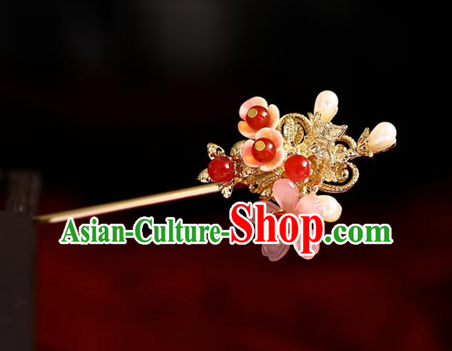 Handmade Chinese Classical Golden Hair Clip Traditional Hair Accessories Ancient Hanfu Red Beads Plum Hairpins for Women