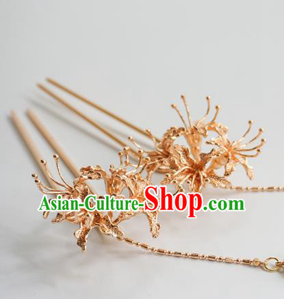 Handmade Chinese Golden Manjusaka Hair Clip Traditional Hair Accessories Ancient Hanfu Classical Tassel Hairpins for Women