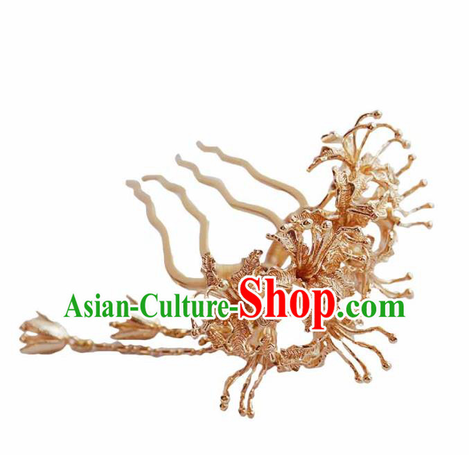 Handmade Chinese Tang Dynasty Golden Manjusaka Hair Comb Traditional Hair Accessories Ancient Court Hairpins for Women