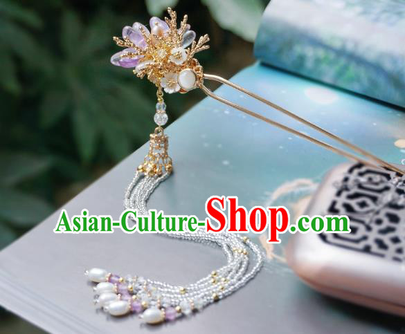 Handmade Chinese Beads Tassel Hair Clip Traditional Hair Accessories Ancient Hanfu Amethyst Flower Hairpins for Women