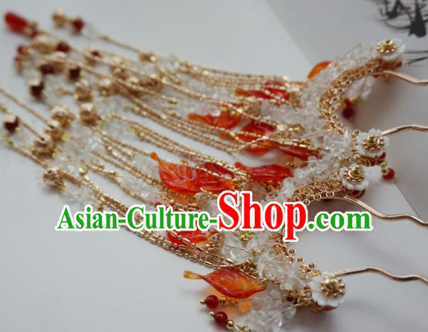 Handmade Chinese Golden Bells Tassel Hair Clip Traditional Hair Accessories Ancient Red Leaf Hairpins for Women
