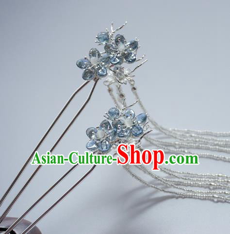 Handmade Chinese Hanfu Blue Plum Hair Clip Traditional Hair Accessories Ancient White Beads Tassel Hairpins for Women