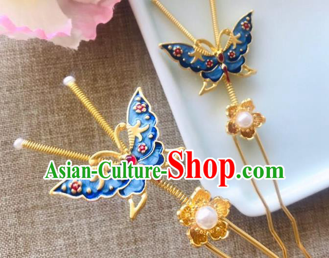 Handmade Chinese Qing Dynasty Court Hair Clip Traditional Hair Accessories Ancient Princess Blueing Butterfly Hairpins for Women