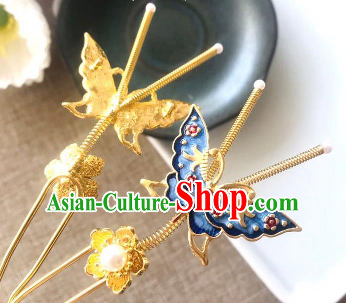 Handmade Chinese Qing Dynasty Court Hair Clip Traditional Hair Accessories Ancient Princess Blueing Butterfly Hairpins for Women