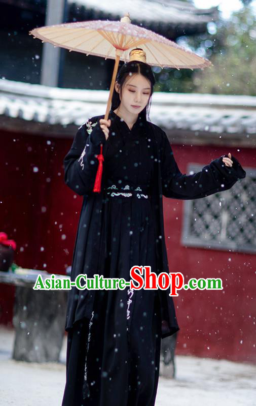 Chinese Traditional Ming Dynasty Swordswoman Hanfu Garment Ancient Female Assassin Costumes Black Cloak Blouse and Skirt Complete Set