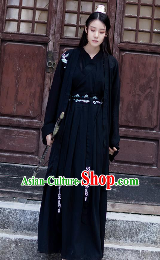 Chinese Traditional Ming Dynasty Swordswoman Hanfu Garment Ancient Female Assassin Costumes Black Cloak Blouse and Skirt Complete Set