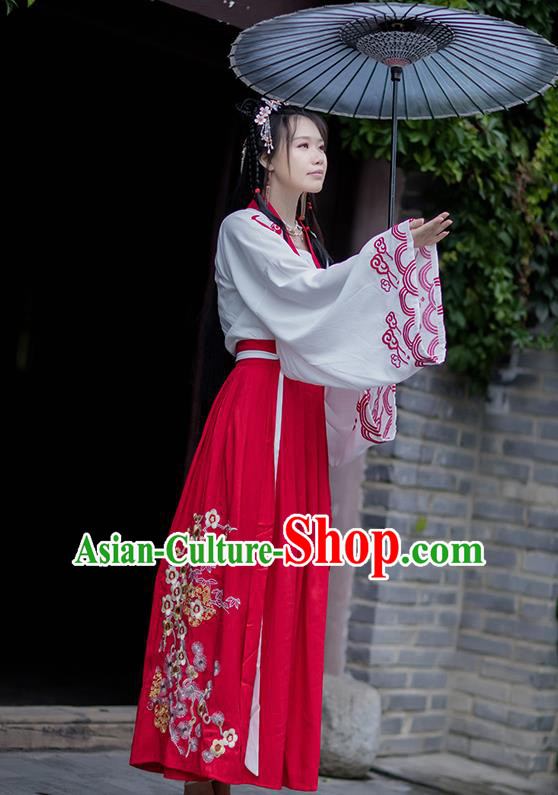 Chinese Ancient Tang Dynasty Village Girl Hanfu Garment Costumes Traditional White Blouse Strapless and Red Skirt Full Set