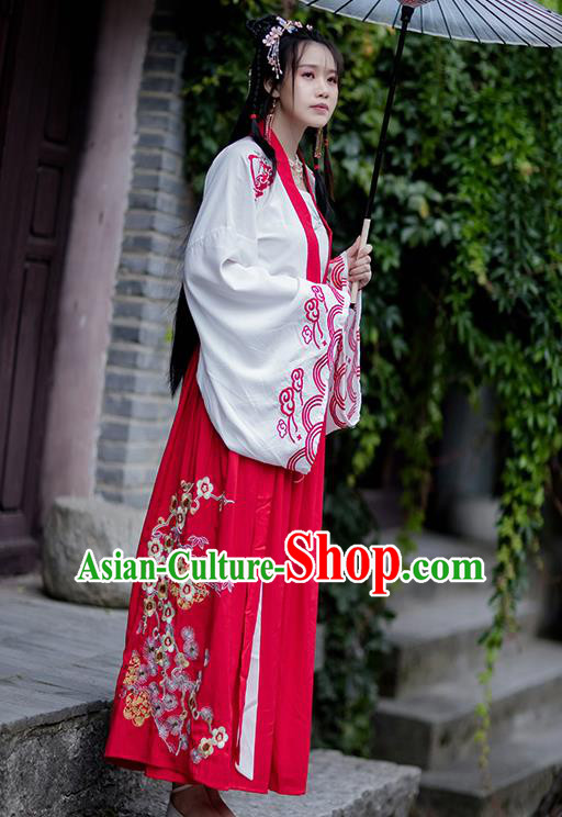 Chinese Ancient Tang Dynasty Village Girl Hanfu Garment Costumes Traditional White Blouse Strapless and Red Skirt Full Set