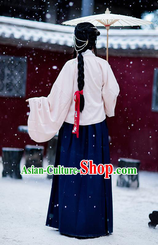 Chinese Ancient Ming Dynasty Hanfu Garment Costumes Traditional Embroidered Pink Blouse and Navy Skirt for Rich Lady