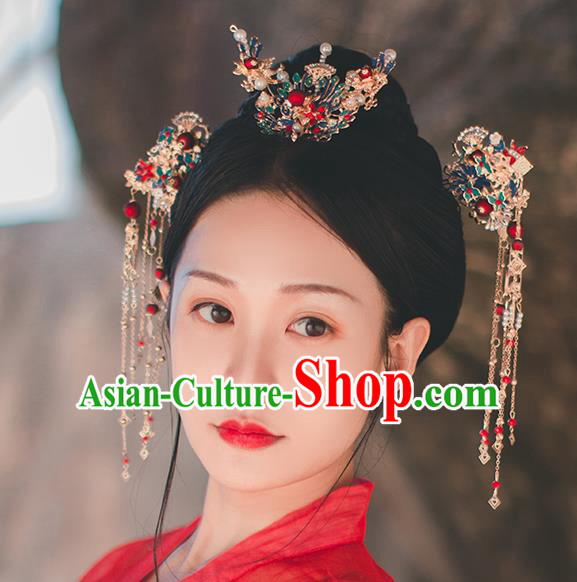 Chinese Classical Blueing Hair Crown and Hairpins Handmade Traditional Court Hair Accessories Phoenix Hair Comb Full Set
