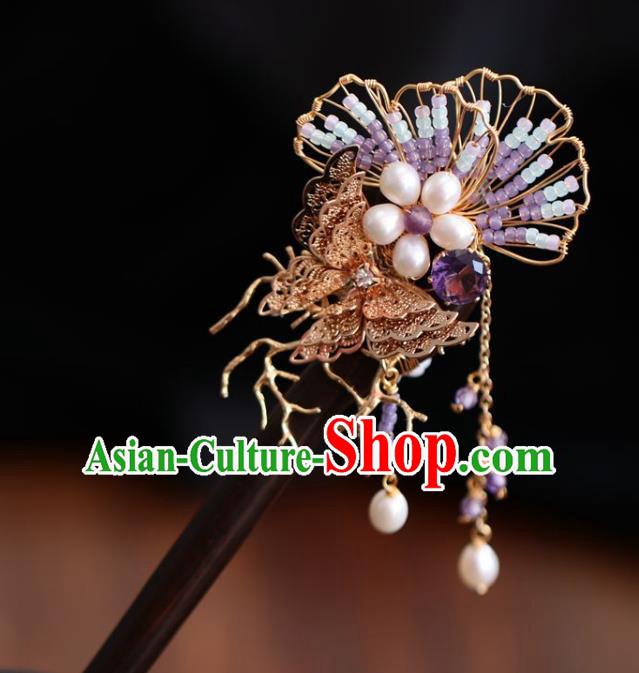 Handmade Chinese Cheongsam Purple Beads Hair Clip Traditional Hanfu Hair Accessories Golden Butterfly Ebony Hairpins for Women