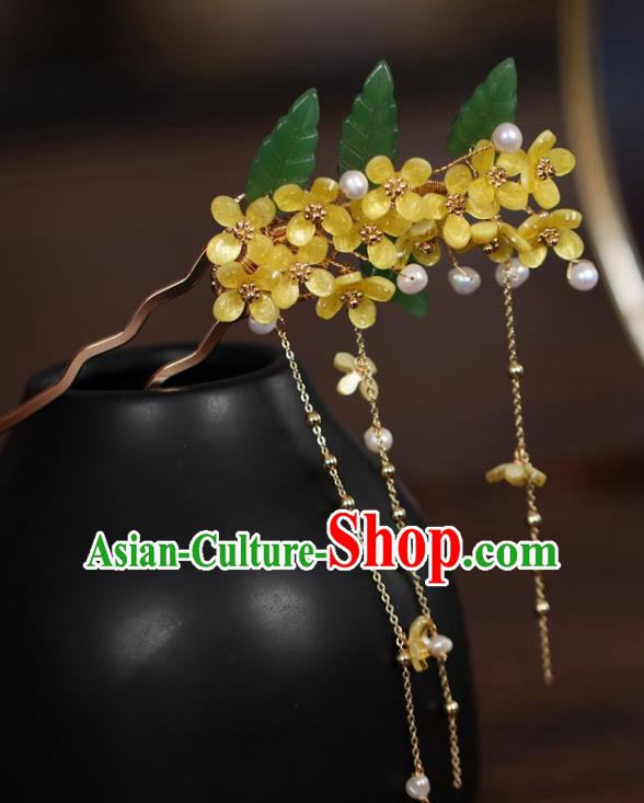Handmade Chinese Cheongsam Yellow Fragrans Hair Clip Traditional Hanfu Hair Accessories Pearls Tassel Hairpins for Women