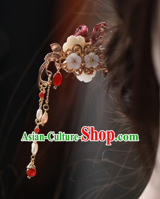 Handmade Chinese Cheongsam Red Flower Hair Clip Traditional Hanfu Hair Accessories Tassel Hairpins for Women