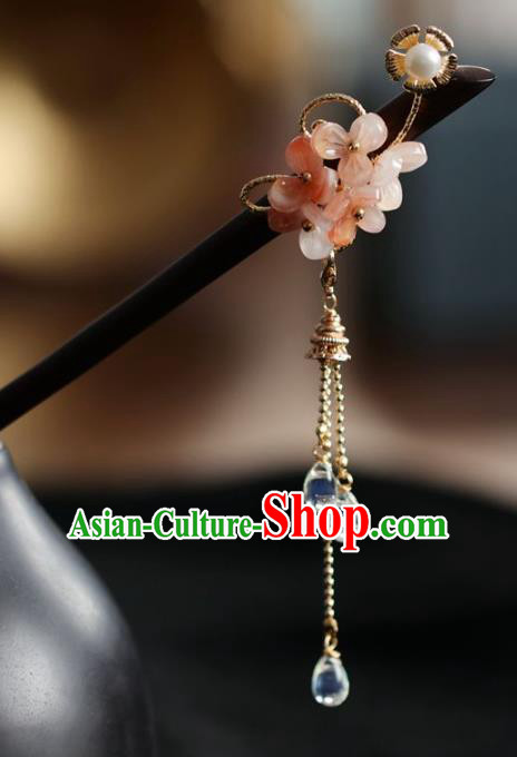 Handmade Chinese Cheongsam Flower Wood Hair Clip Traditional Hanfu Hair Accessories Ebony Tassel Hairpins for Women