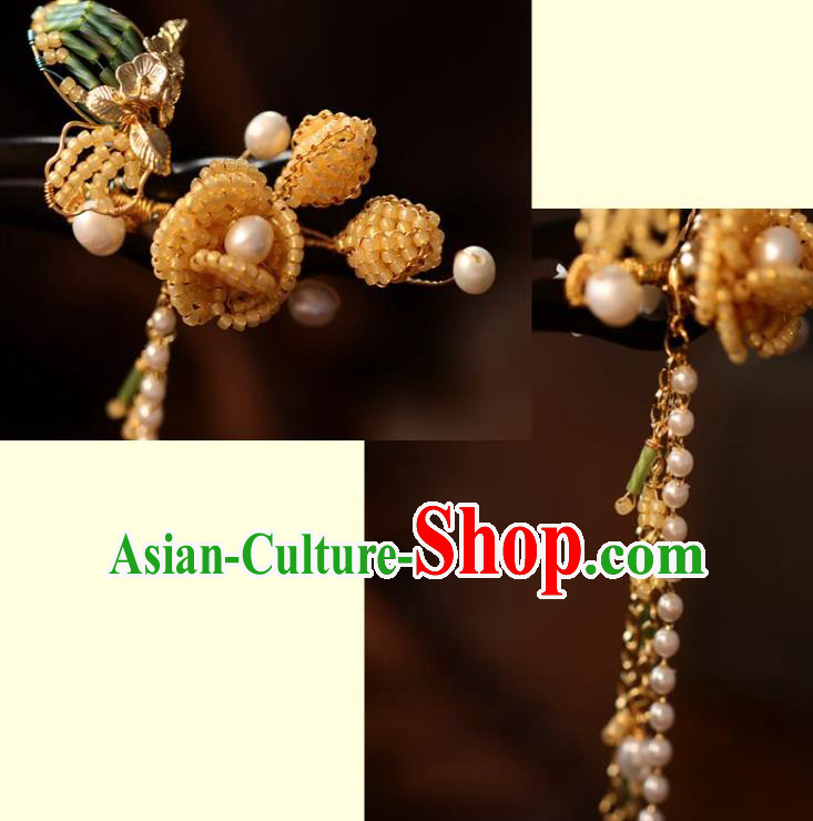 Handmade Chinese Cheongsam Ebony Tassel Hair Clip Traditional Hanfu Hair Accessories Beads Flower Hairpins for Women