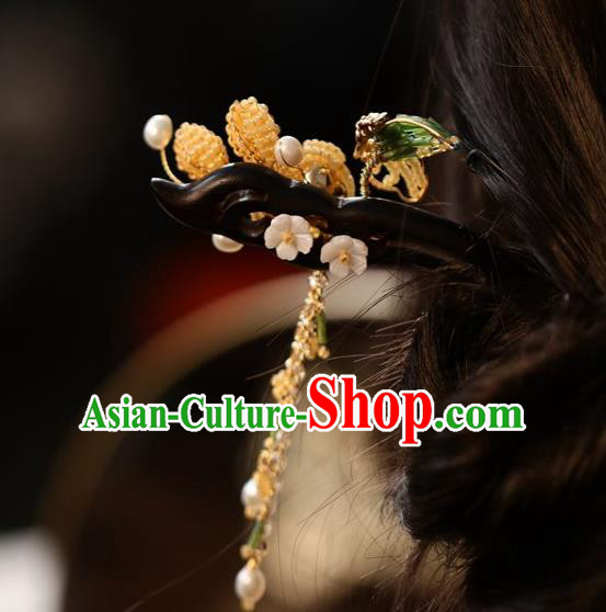 Handmade Chinese Cheongsam Ebony Tassel Hair Clip Traditional Hanfu Hair Accessories Beads Flower Hairpins for Women