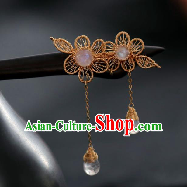 Handmade Chinese Cheongsam Crystal Tassel Hair Clip Traditional Hanfu Hair Accessories Silk Flower Ebony Hairpins for Women