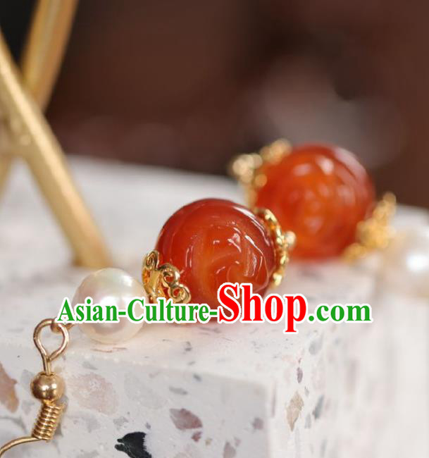 Chinese Handmade Hanfu Red Jade Earrings Traditional Ear Jewelry Accessories Classical Pearl Eardrop for Women
