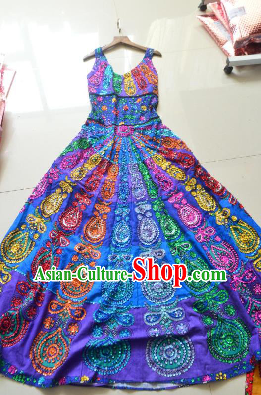 Thailand Traditional Embroidered Sequins Royalblue Dress Asian Thai Photography National Beach Dress Summer Costumes for Women
