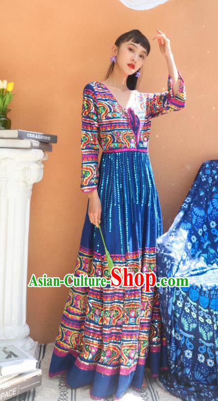 Thailand Traditional Sequins Deep Blue Dress Asian Thai National Beach Dress Photography Costumes for Women