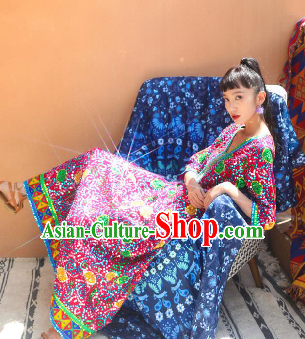 Thailand Traditional Sequins Magenta Dress Asian Thai National Beach Dress Photography Costumes for Women