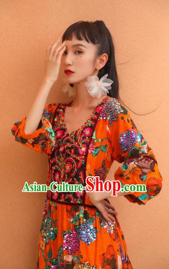 Thailand Traditional Embroidery Sequins Roses Orange Dress Asian Thai National Beach Dress Photography Costumes for Women