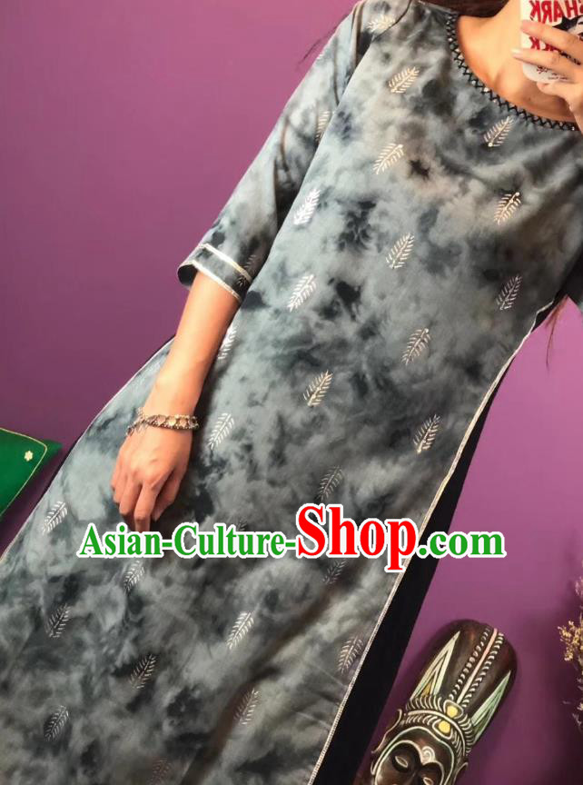 Thailand Traditional Printing Grey Qipao Dress Asian Thai National Cotton Dress Photography Costumes for Women