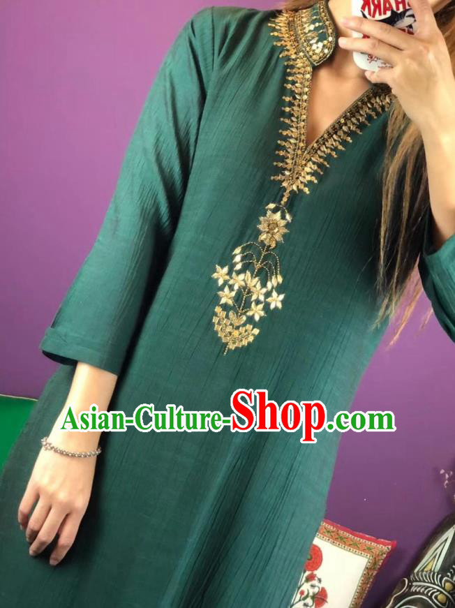 Thailand Traditional Dark Green Qipao Dress Asian Thai National Cotton Dress and Loose Pants Photography Costumes for Women
