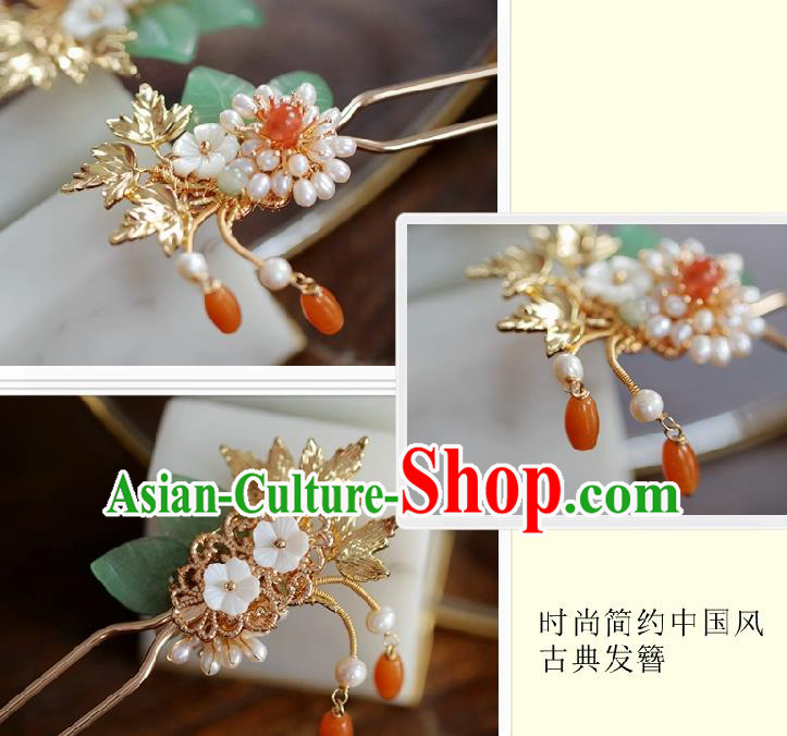 Handmade Chinese Cheongsam Golden Hair Clip Traditional Hanfu Hair Accessories Pearls Agate Hairpins for Women