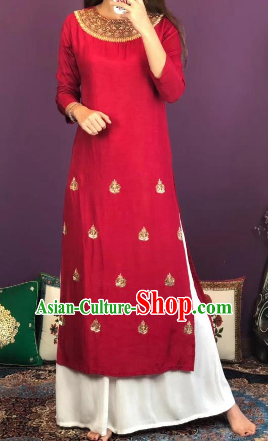 Thailand Traditional Kurta Dress Asian Thai National Embroidered Wine Red Cotton Dress and Loose Pants Photography Costumes for Women