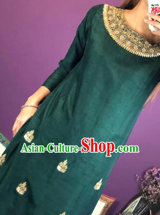 Thailand Traditional Kurta Dress Asian Thai National Embroidered Dark Green Cotton Dress and Loose Pants Photography Costumes for Women