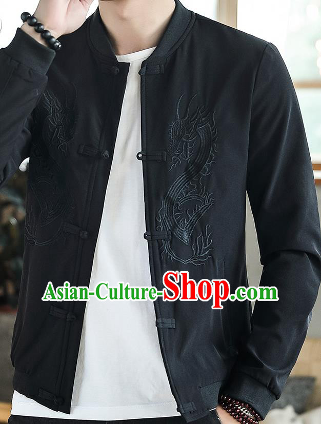 Chinese Traditional Embroidered Dragon Black Jacket Tang Suit Overcoat Costumes for Men