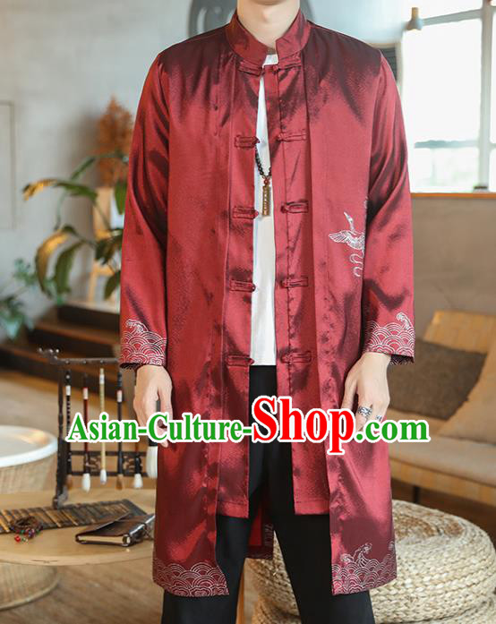 Chinese Traditional Embroidered Wave Purplish Red Dust Coat Tang Suit Overcoat Costumes Outer Garment for Men