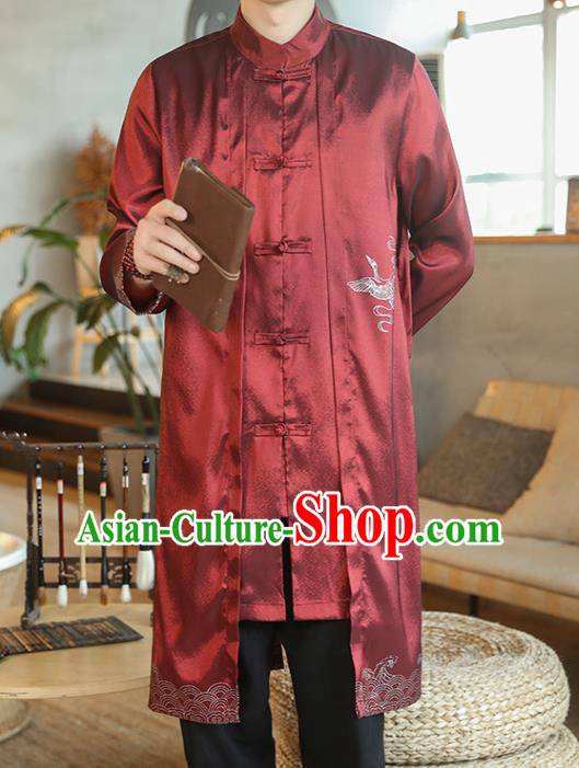 Chinese Traditional Embroidered Wave Purplish Red Dust Coat Tang Suit Overcoat Costumes Outer Garment for Men