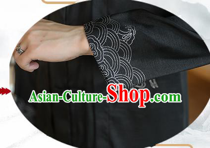 Chinese Traditional Embroidered Wave Black Dust Coat Tang Suit Overcoat Costumes Outer Garment for Men