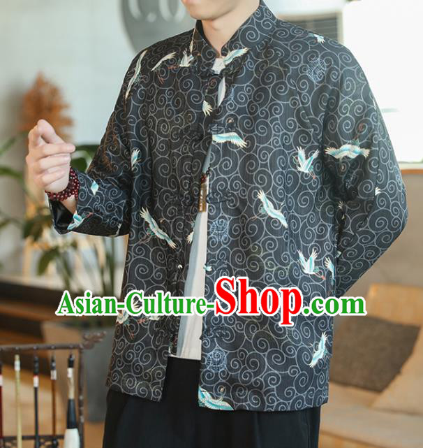 Chinese Traditional Printing Cranes Black Flax Jacket Tang Suit Overcoat Outer Garment Costumes for Men