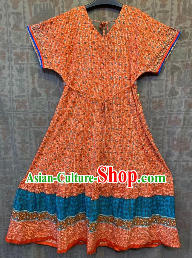 Thailand Traditional Embroidered Beads Orange Dress Asian Thai Photography National Beach Dress Sequins Costumes for Women