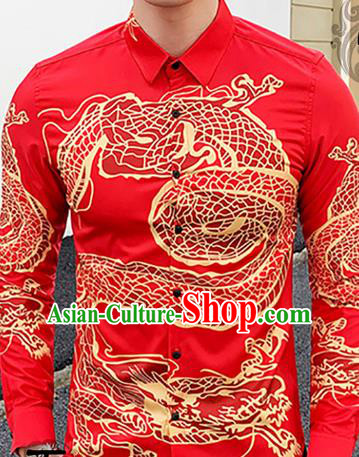 Chinese Traditional Dragon Pattern Red Shirt Tang Suit Upper Outer Garment Costumes Top Shellort for Men