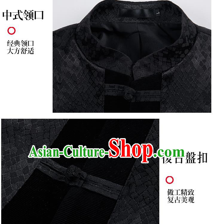 Chinese Traditional Sun Yat Sen Black Jacket Tang Suit Overcoat Outer Garment Costumes for Men