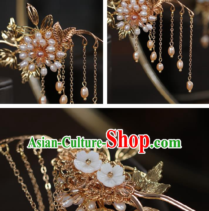 Handmade Chinese Cheongsam Pearls Flower Hair Clip Traditional Hanfu Hair Accessories Golden Tassel Hairpins for Women